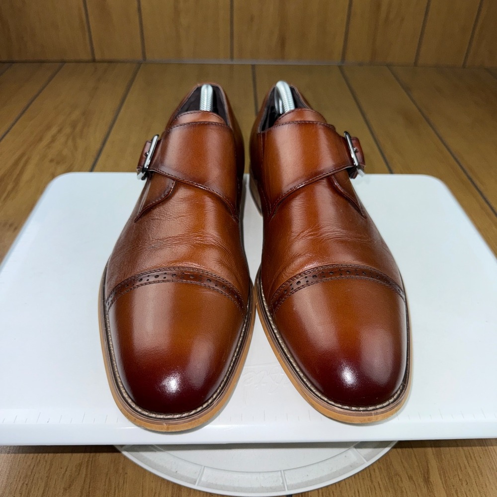Stacy Adams Mens Cognac Brown Leather Cap Toe Single Monk Strap Shoes 25162-221 - Picture 3 of 16